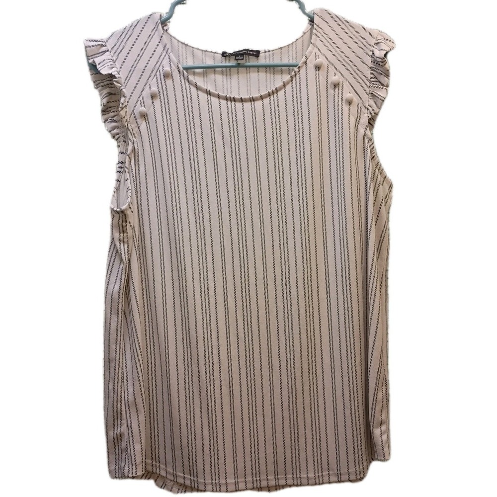 Adrianna Papell Women's White Navy Stripes Button Accents Flutter Sleeve Large